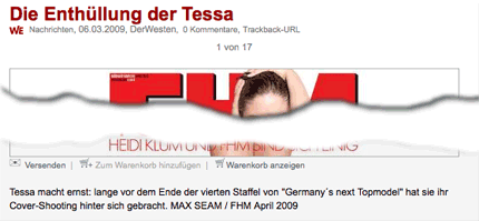 Die Enthüllung der Tessa: Nachrichten, 06.03.2009, DerWesten. Tessa macht ernst: lange vor dem Ende der vierten Staffel von "Germany´s next Topmodel" hat sie ihr Cover-Shooting hinter sich gebracht.