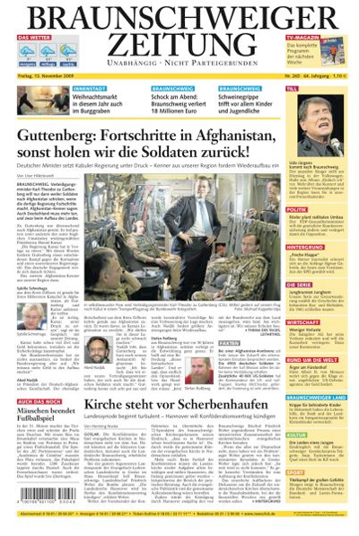 Titelseite "Braunschweiger Zeitung", 13. November 2009