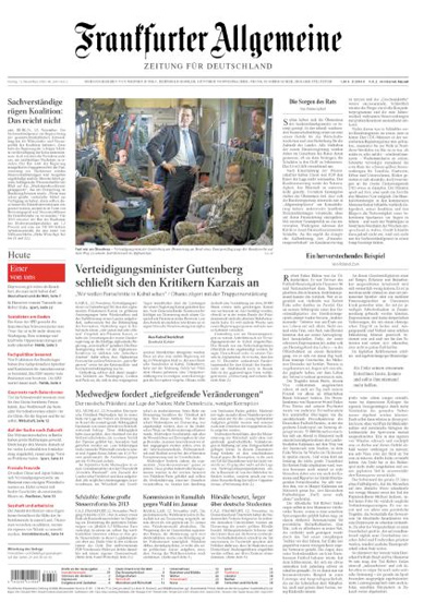 Titelseite "Frankfurter Allgemeine Zeitung", 13. November 2009