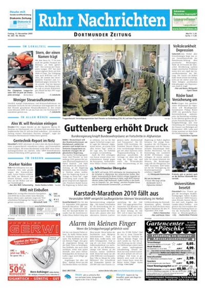 Titelseite "Ruhr Nachrichten", 13. November 2009