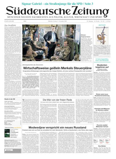 Titelseite "Süddeutsche Zeitung", 13. November 2009