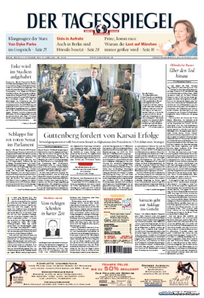 Titelseite "Der Tagesspiegel", 13. November 2009