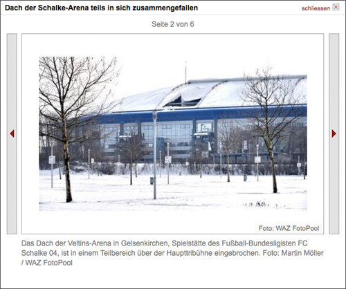 Das Dach der Veltins-Arena in Gelsenkirchen, Spielstätte des Fußball-Bundesligisten FC Schalke 04, ist in einem Teilbereich über der Haupttribühne eingebrochen. Foto: Martin Möller / WAZ FotoPool