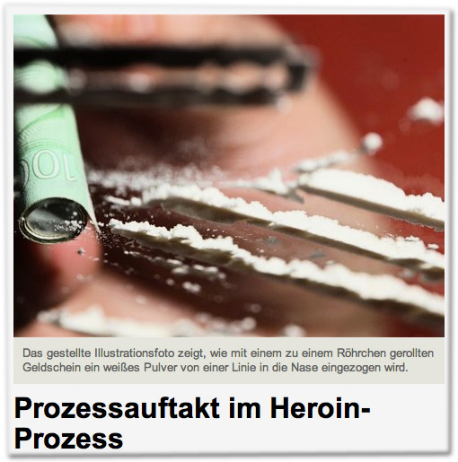 Prozessauftakt im Heroin-Prozess: Das gestellte Illustrationsfoto zeigt, wie mit einem zu einem Röhrchen gerollten Geldschein ein weißes Pulver von einer Linie in die Nase eingezogen wird.