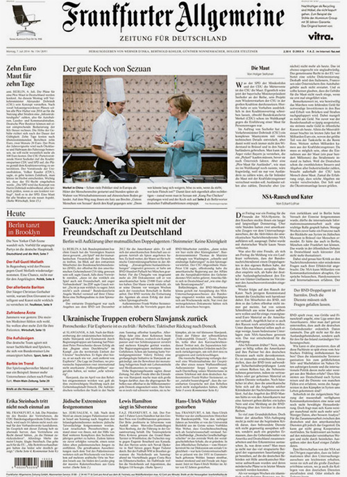 Titelseite "Frankfurter Allgemeine Zeitung" vom 7. Juli 2014