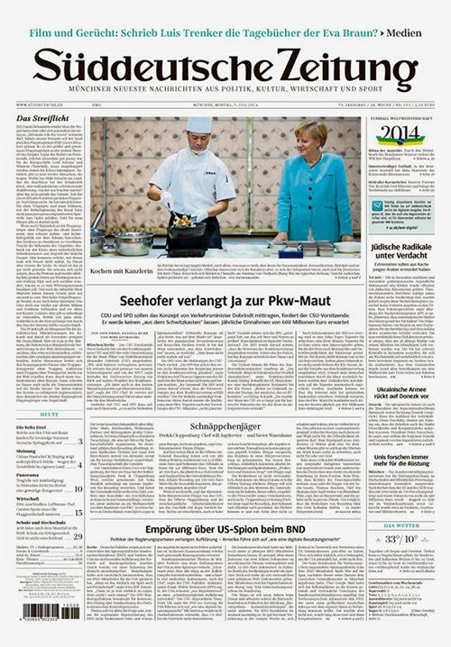 Titelseite "Süddeutsche Zeitung" vom 7. Juli 2014